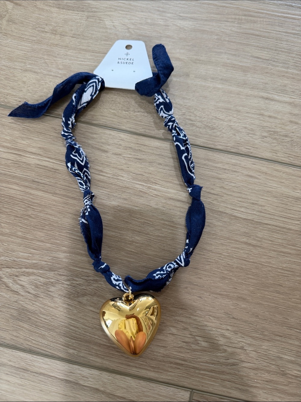 Nickel & Suede Navy Bandana Necklace with Gold Heart Pendant NWT